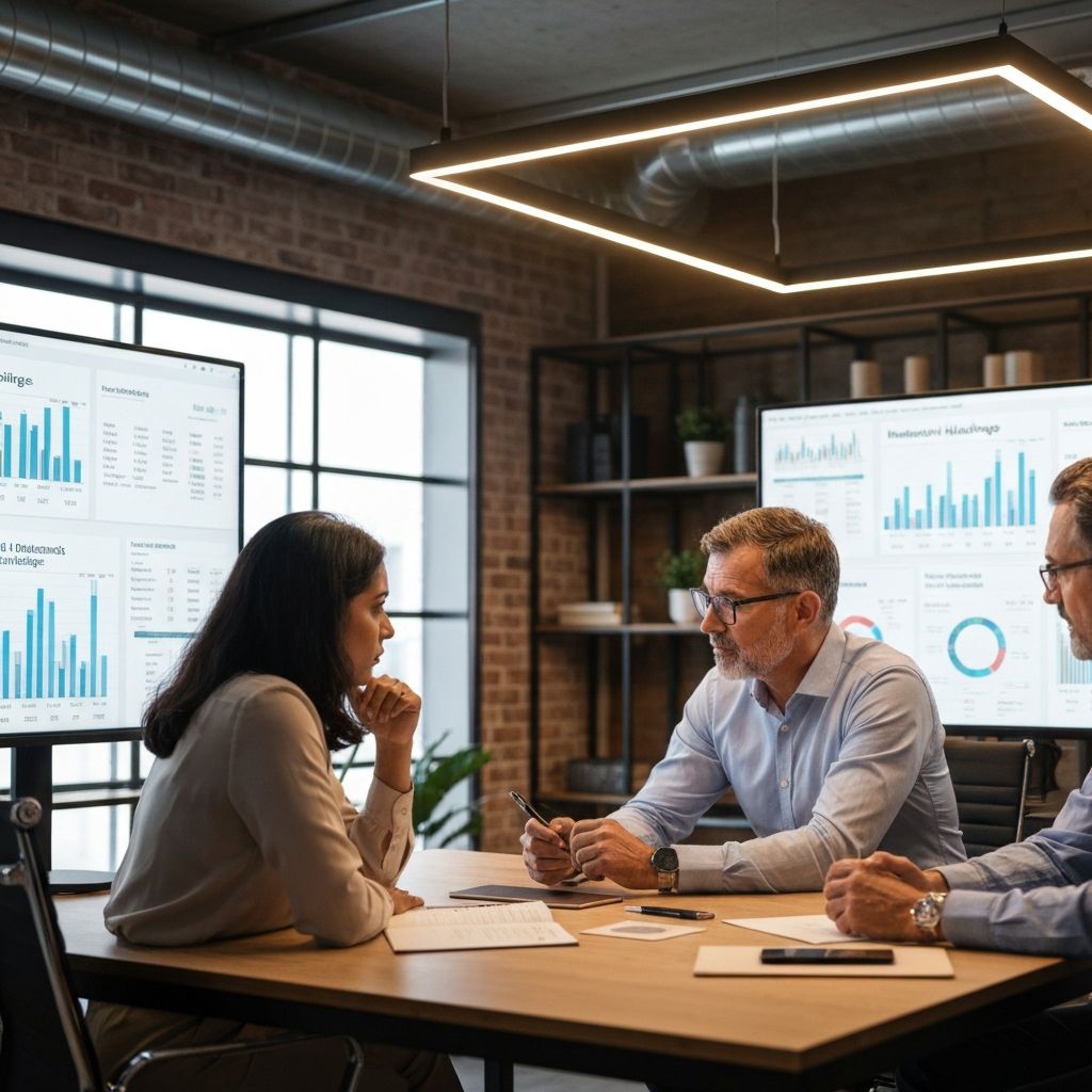 Profesionales de banca privada analizando gráficos financieros y reportes de optimización de capital en una sala de reuniones moderna con pantallas digitales mostrando indicadores de holdings industriales