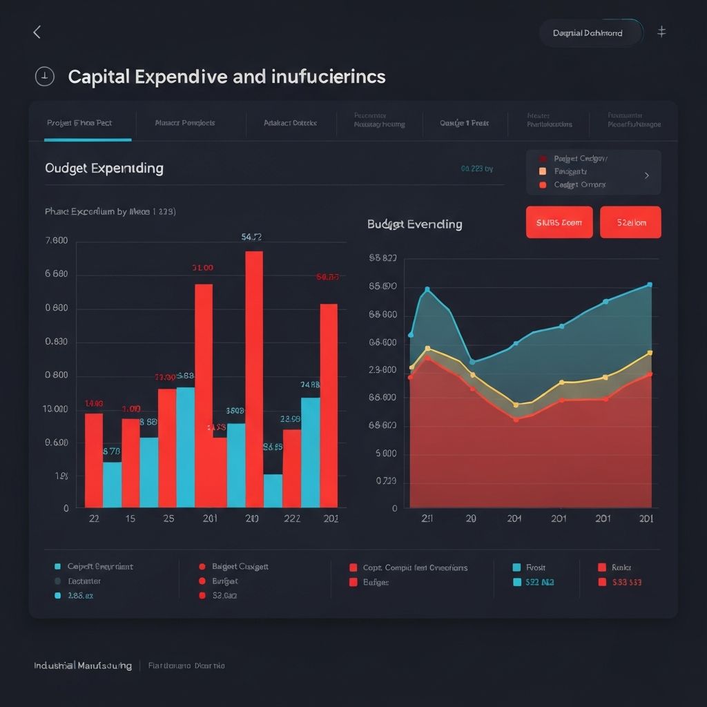 Gráfico de barras y líneas mostrando volatilidad en gastos de capital industrial, con áreas resaltadas en rojo indicando ineficiencias y sobreasignación de recursos en proyectos de holdings manufactureros