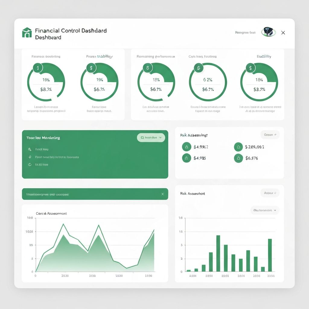 Dashboard financiero moderno mostrando indicadores clave de desempeño de holdings industriales: gráficos de control de capital, métricas de riesgo con tendencia estable, y paneles de monitoreo en tiempo real con indicadores en verde